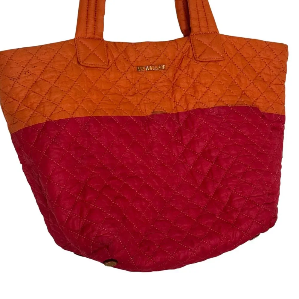 MZ Wallace Metro Tote Bag Purse Quilted Nylon ColorBlock Orange Red